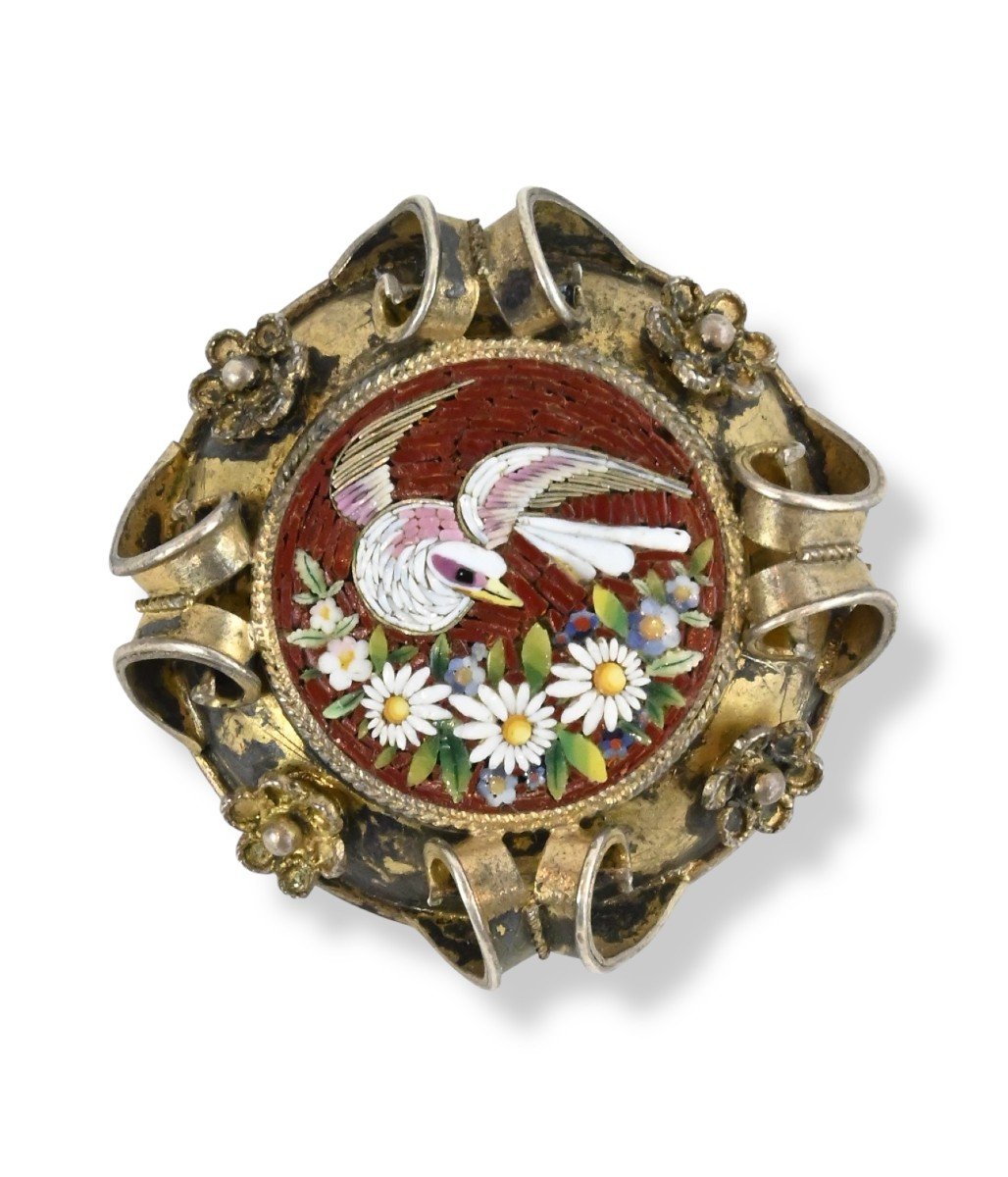 Micromosaic - Floral And Ornithological Theme Brooch - 19th Century Italy